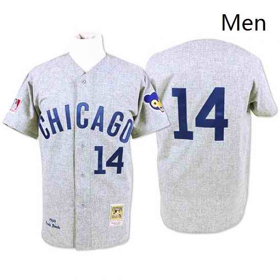 Mens Mitchell and Ness Chicago Cubs 14 Ernie Banks Replica Grey Throwback MLB Jersey